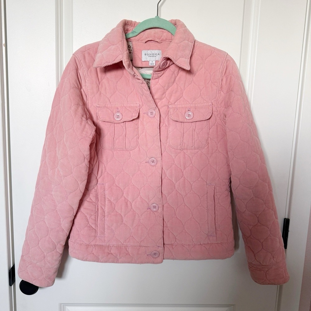 Vtg Y2K Sonoma Womens Pink Quilted Corduroy Bomber Jacket Small Utility 00s